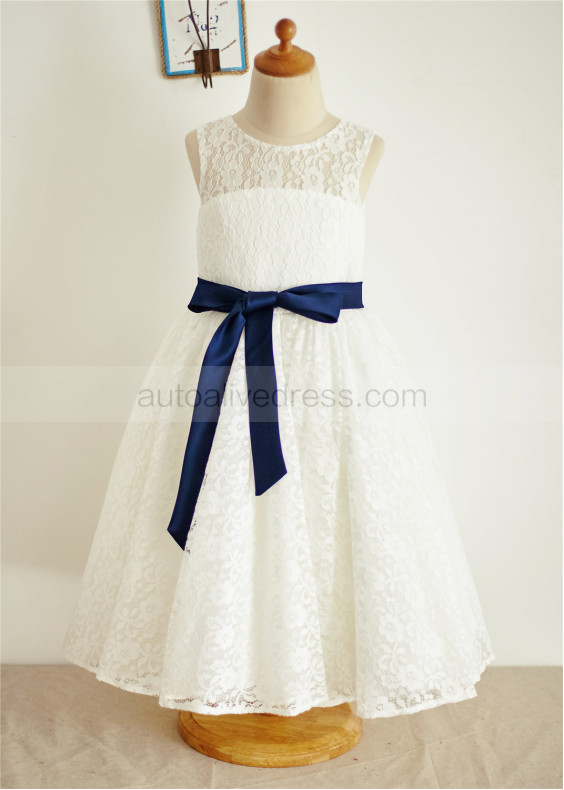 Vintage Ivory Lace Slit Back Knee Length Flower Girl Dress 